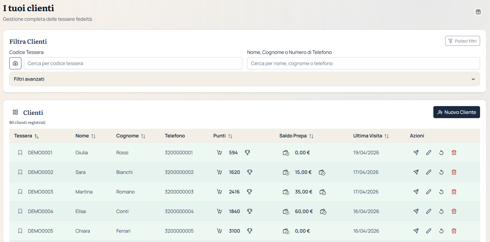Interfaccia Loymatic con dashboard clienti e ricerca per codice tessera