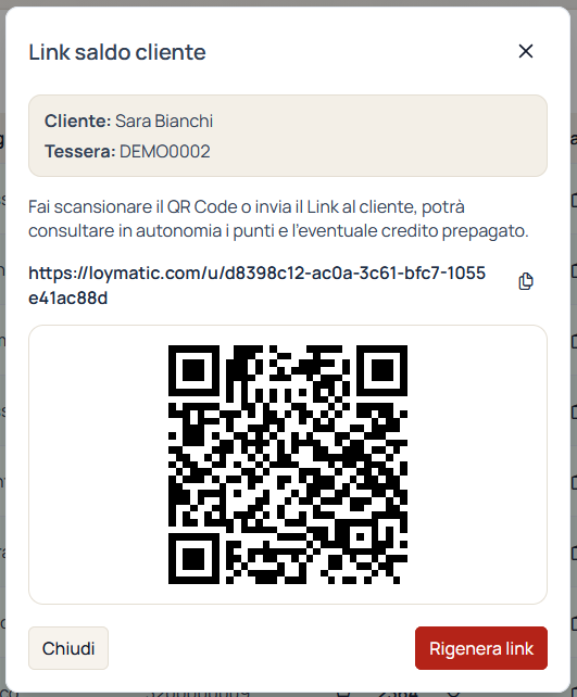 Dashboard Loymatic da cui l'operatore genera il link pubblico per il saldo cliente