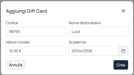 Visualizzazione della Gift Card aggiunta al cliente