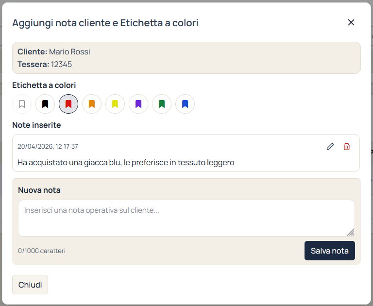 Visualizzazione della nota e dell'etichetta aggiunte al cliente