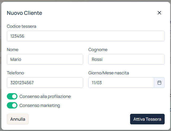 Interfaccia di attivazione tessera fedeltà in Loymatic