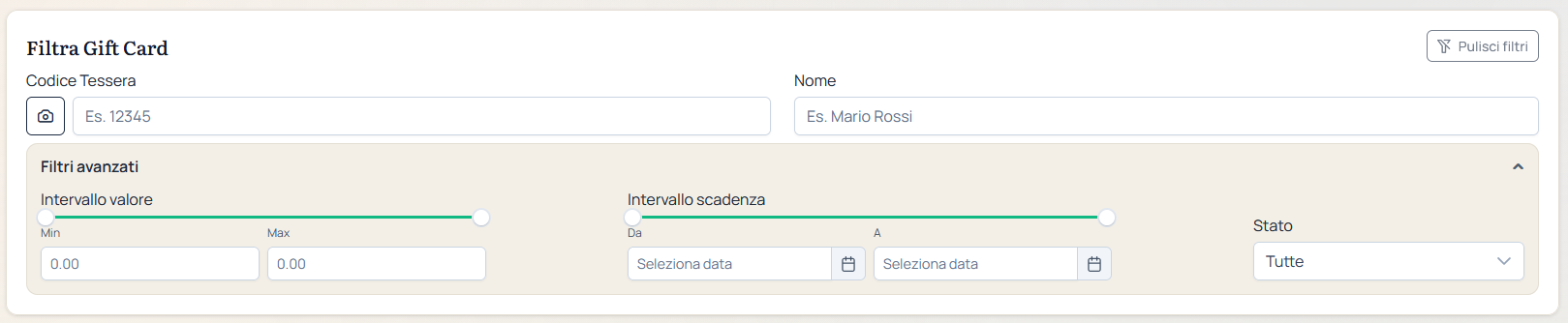 Dashboard Gift Card Loymatic con ricerca per nome o codice tessera