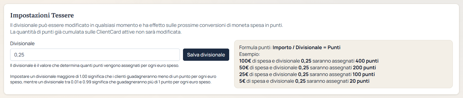Interfaccia di configurazione della conversione tra euro spesi e punti